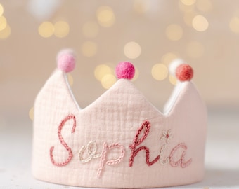 Personalized Muslin birthday crown, Party crown with hand  Embroidered Name,Keepsake for First Birthday Party and Special Occasions