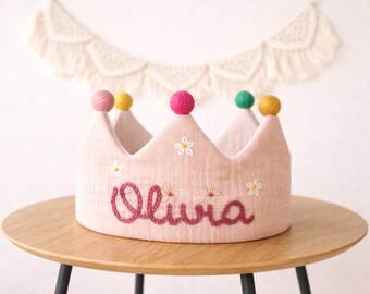 Custom Baby Birthday Crown, Personalized Name Crown, First Birthday Photo Prop, Muslin Fabric, Neutral Aesthetic