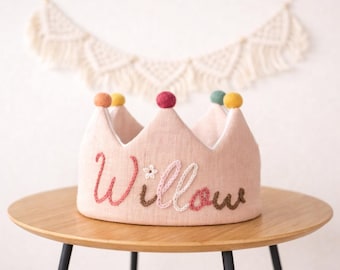 Personalized Muslin birthday crown, Party crown with hand Embroidered name,Keepsake for First Birthday Party and Special Occasions