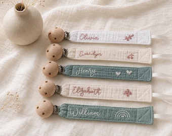 Personalized pacifier clip holder in cotton gauze, Personalized fabric pacifier clip with wooden clip,hand embroiered name,baby shower gift