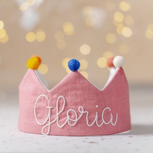 Linen crown for kid&#39;s birthday,name crown,hand embroidered crown,Personalized Gift,Keepsake for First Birthday Party and Special Occasions