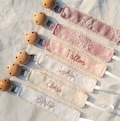 Personalized pacifier clip holder, Personalized fabric pacifier clip with wooden clip,hand embroiered name,baby shower gift product logo