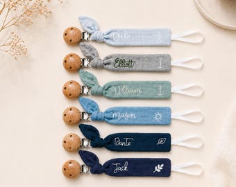 Personalized Embroidered Cotton Gauze Pacifier Clip, Wooden Baby Shower Gift