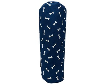 May include: A blue golf club head cover with a white bone pattern.