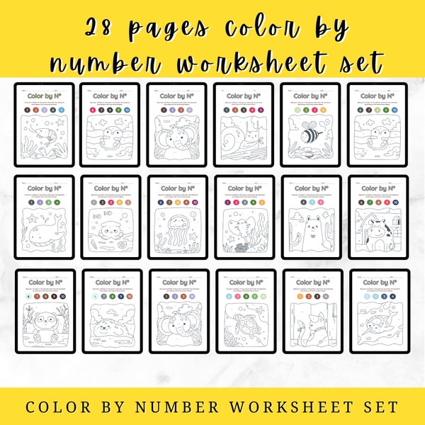 Color by Number Worksheet Set, Educational Coloring Set, Kids Activity Pack, Learning Worksheets, Printable Worksheets, Learning Pages.