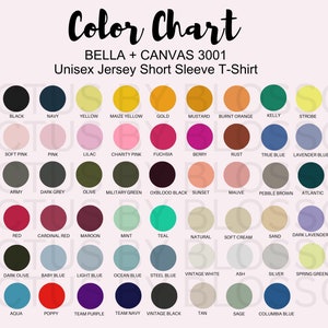 Maqueta de la carta de colores Bella + Canvas 3001 para herramientas de Etsy Maqueta de la carta de colores de camisetas 3001 para Etsy Listado de 75 colores de camisetas para nuevo vendedor de Etsy