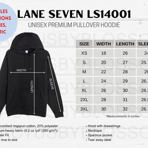 4 Größentabelle Lane Seven LS14001 Unisex Pullover Hoodie Größentabelle Etsy Listing-Tool Größe XS-3XL Mockup Neue Verkäufer metrisch