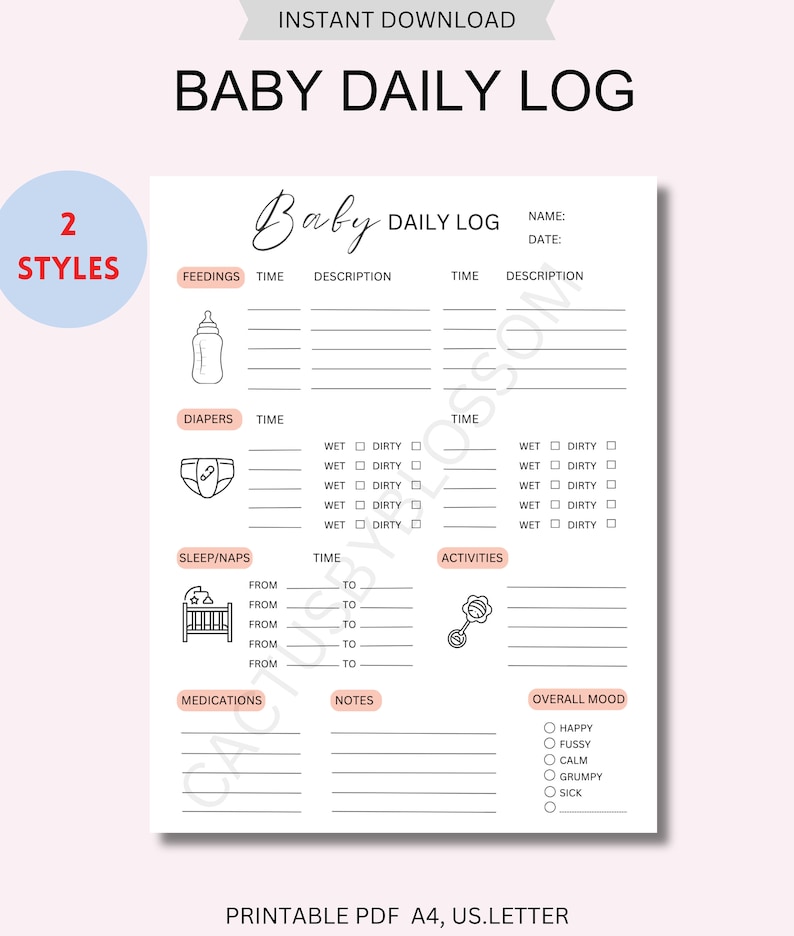 2 Baby Daily log Tracker Newborn Diary Chart feedings Log Doctor Visit diaper changes list Care giver Log infant activity Tracker medicine image 1