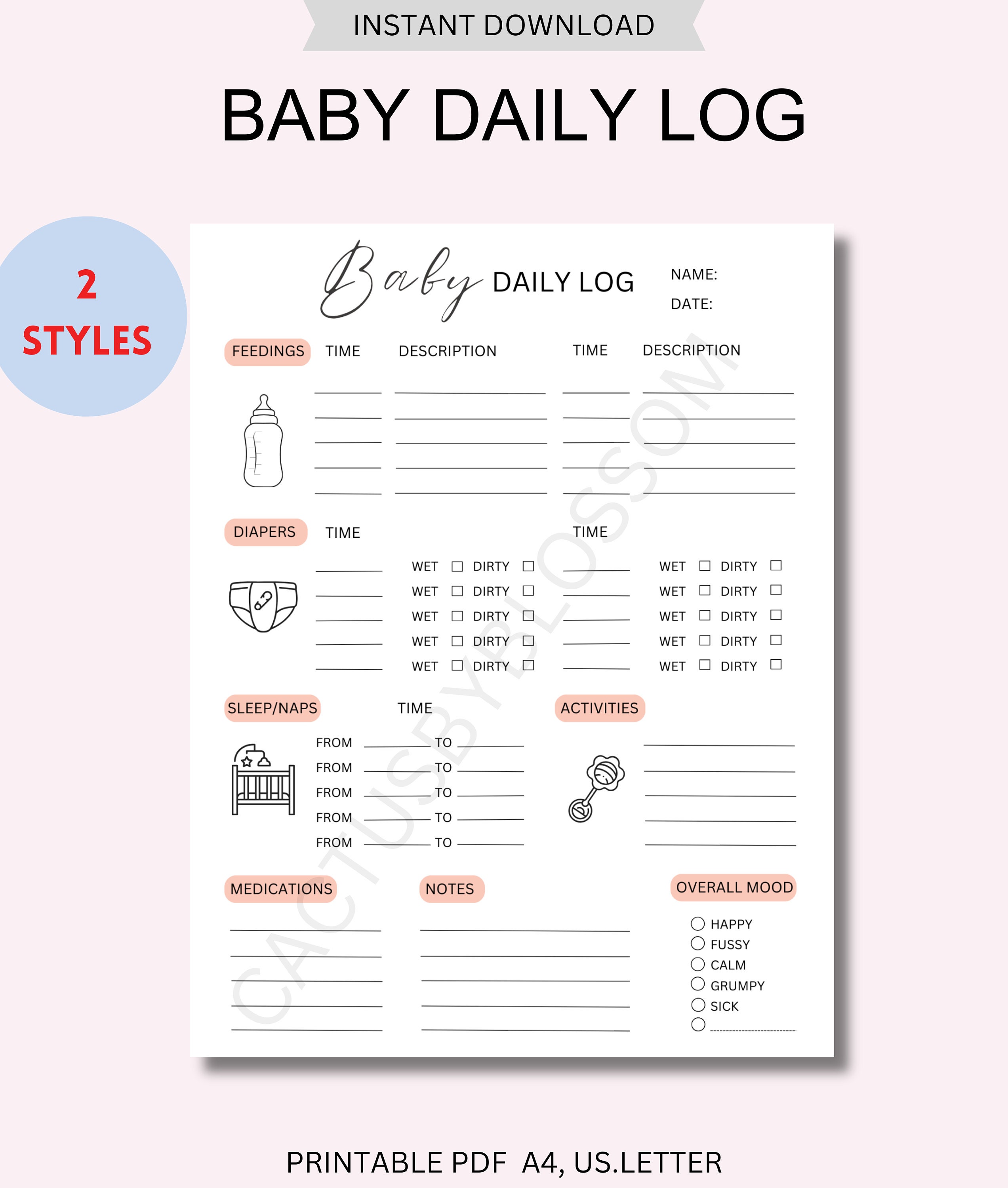 2 Baby Daily log Tracker Newborn Diary Chart feedings Log Doctor Visit diaper changes list Care giver Log infant activity Tracker medicine
