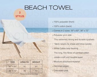 2 Tabla de tallas Maqueta de toalla de playa Tallas Impresiones completas Maqueta de Etsy Listado de Printify Impresión a pedido Etsy Nuevo vendedor AOP POD Toalla de playa Etsy
