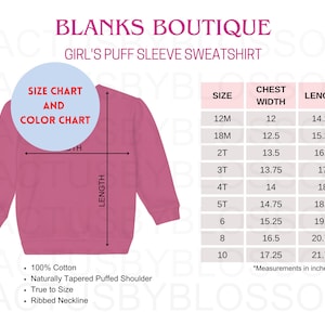 May include: Pink puff sleeve sweatshirt with a size chart and colour chart. The chart shows sizes from 12 months to 10 years old with corresponding chest width and length measurements in inches.