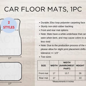 May include: Diagram showing two styles of car floor mats, each measuring 17 inches by 26 inches. The mats are made of durable polyester with a non-skid rubber backing. The diagram includes measurements for the front and rear mats, with the front mat measuring 17 inches wide and 26 inches high, and the rear mat measuring 17 inches wide and 13 inches high.
