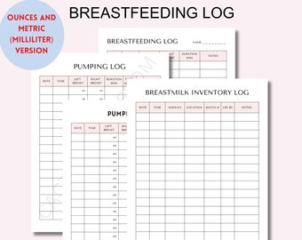 Baby Breast milk Pumping Log Breastfeeding Diary Daily log Tracker Breastmilk Chart Inventory list for Milk Donation Tracker Metric Imperial