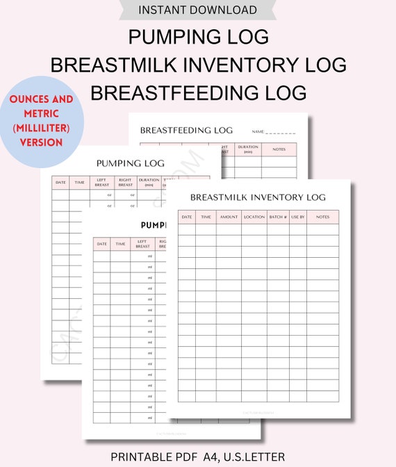 Baby Breast milk Pumping Log Breastfeeding Diary Daily log Tracker Breastmilk Chart Inventory list for Milk Donation Tracker Metric Imperial