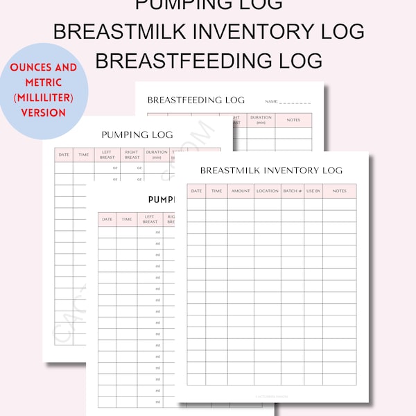 Baby Breast milk Pumping Log Breastfeeding Diary Daily log Tracker Breastmilk Chart Inventory list for Milk Donation Tracker Metric Imperial