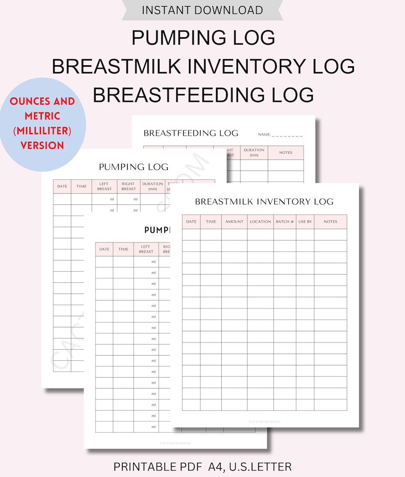 May include: Printable breastfeeding log with sections for pumping, breast milk inventory, and breastfeeding. The log includes columns for date, time, amount, location, batch number, use by date, and notes. The log is designed for use with ounces and milliliters.