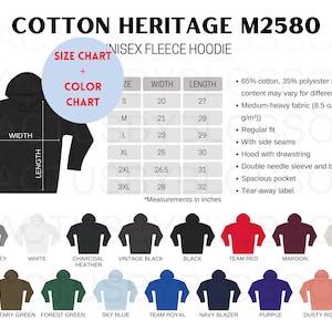 BUNDLE Size Chart Color Chart Cotton Heritage M2580 Mockup Unisex Fleece Hoodie Size Chart Etsy Listing Mock up Size S-3XL 15 color printify