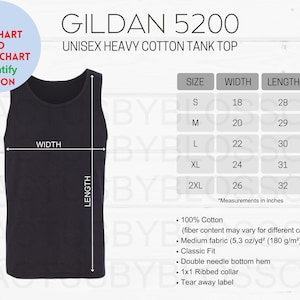 BUNDLE Size Chart Color Chart Gildan 5200 mockup Etsy tool Unisex Heavy Cotton Tank Top Etsy mockup S-2XL Etsy listings new sellers 6 colors