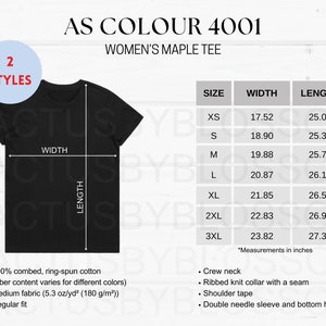 May include: Black Women's Maple Tee shirt with size and measurement details. Features include a crew neck, ribbed knit collar, and double needle sleeve. Measurements in inches: XS (44.5 cm width, 63.5 cm length) to 3XL (60.5 cm width, 69.5 cm length).