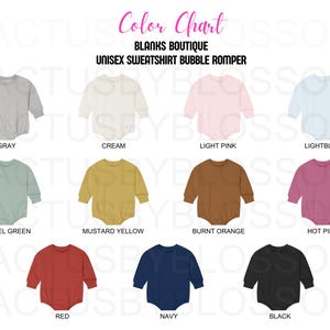 Color Chart Blanks Boutique Romper mockup for Etsy tool Unisex Sweatshirt Bubble Romper Etsy mock up color listing 11 color new etsy seller