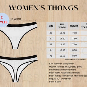 2 Größentabelle Damen Strings AOP Mockup Etsy-Tool Sizing XS-XL Komplett-dargestellte Tabelle Etsy mockup POD Listing etsy new Skeller Unterwäsche