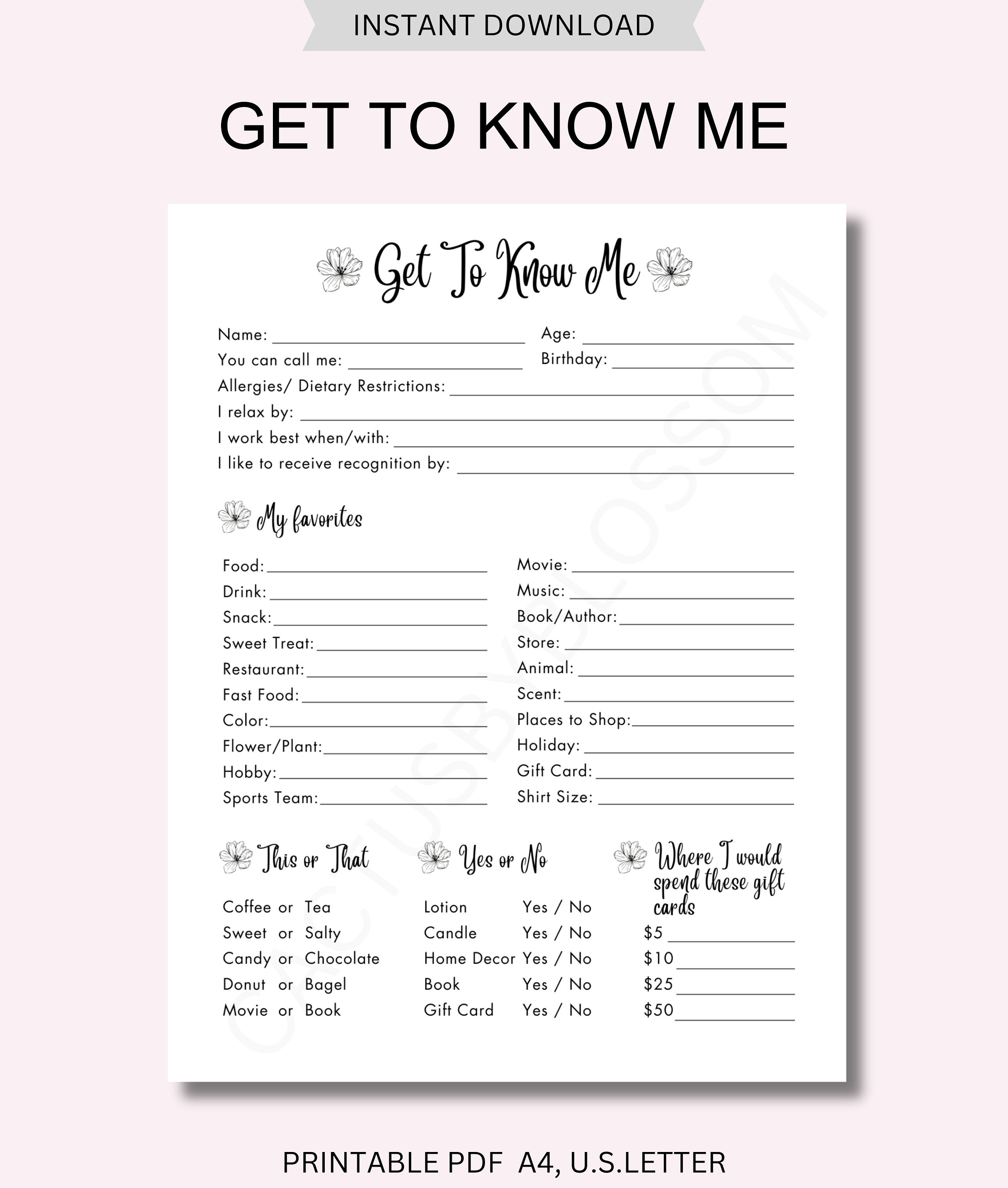 Get To Know Me Coworker Question Survey All About Me Employee Questionnaire Favorite Thing Get to Know My Team Staff Survey Kid Teacher Date