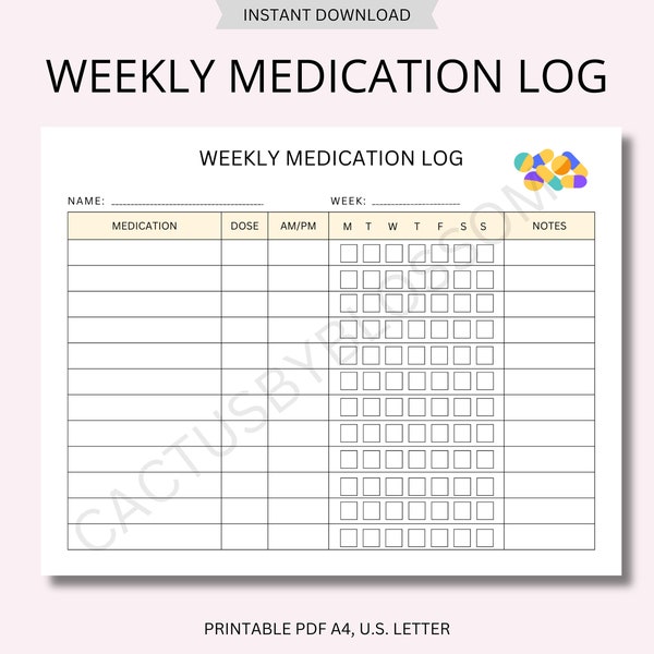 Weekly Medication Log Medication Chart Medication Tracker Doctor Visit Medication list Nursing Student  Caregiver Log Dosage Tracker Pet