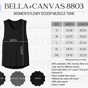 2 Tabla de tallas Tabla de colores Bella + Canvas 8803 maqueta para herramienta Etsy Camiseta sin mangas holgada con cuello redondo y músculos para mujer para lista de maquetas de Etsy talla S-2XL Printify