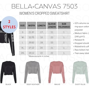 2 Tabla de tallas Bella + Canvas 7503 Maqueta Sudadera corta para mujer Tabla de colores Herramienta de listado de Etsy Maqueta Tallas S-2XL Etsy Printify Nuevo vendedor