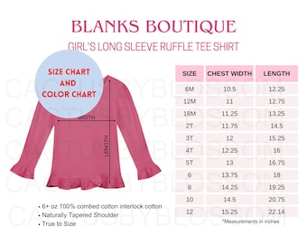 BUNDLE Size Chart Color Chart Blanks Boutique mockup Etsy tool Girl Long Sleeve Ruffle Shirt Etsy mock up 6M-12 Etsy 23 colors new seller