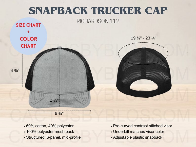 Snapback Size BUNDLE Size Chart Color Chart Snapback Trucker Cap Richardson 112 ...