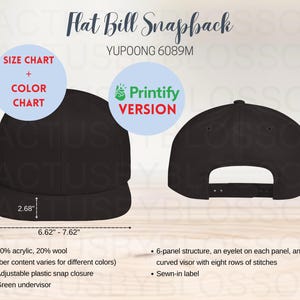 PAQUETE Tabla de tallas Tabla de colores Gorra plana con visera tipo snapback Yupoong 6089 M Maqueta de gorra Tabla de maquetas de Etsy POD Maqueta de gorra AOP de Printify Maqueta de gorra Tapa 15 colores
