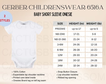 2 Size Chart Gerber Children wear 6516A mockup Etsy tool Baby Short Sleeve Onesie Size Chart Etsy mockup 0-24M mock etsy new seller Printify