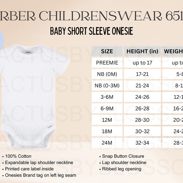 2 Size Chart Gerber Children wear 6516A mockup Etsy tool Baby Short Sleeve Onesie Size Chart Etsy mockup 0-24M mock etsy new seller Printify