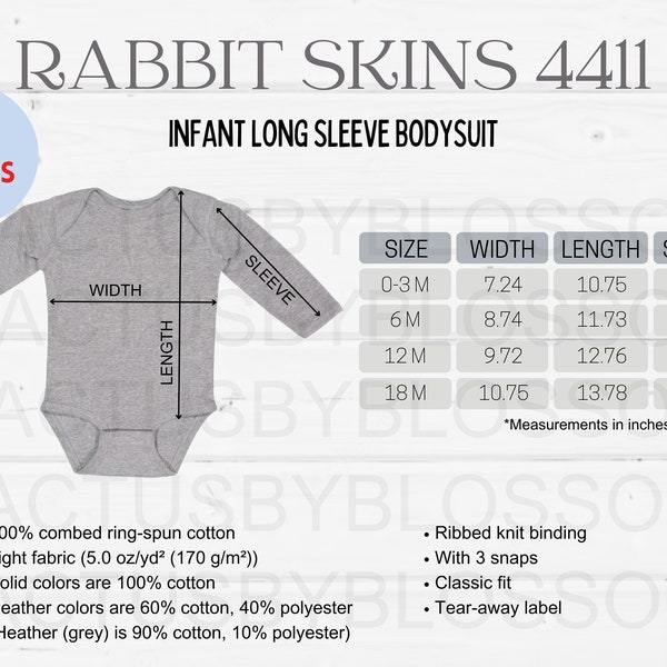 2 Size Chart Rabbit Skins 4411 mockup Etsy tool Infant Bodysuit Baby long sleeve one piece bodysuit siz NB-18M long sleeve baby bodysuit new