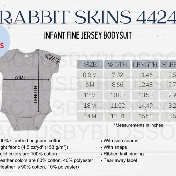 3 Size Chart Rabbit Skins 4424 mockup Etsy tools Infant Fine jersey bodysuit Baby short sleeve one piece bodysuit size NB-24M baby bodysuit