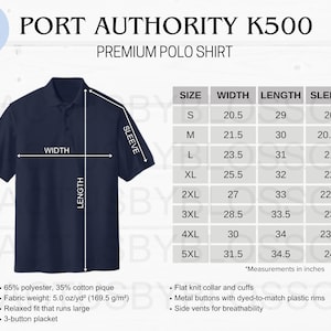 May include: A navy blue polo shirt with a 3-button placket. The shirt has a relaxed fit and is made of 65% polyester and 35% cotton pique. The size chart shows the width, length, and sleeve length in inches for sizes S through 5XL.