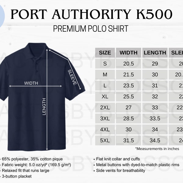 2 Size Chart Port Authority K500 Premium Polo Shirt Silk Touch Etsy Listing tool Mockup chart Sizes S-5XL Mock up Etsy New Seller Printful