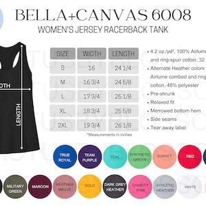 Può includere: Una tabella di taglie per un top da donna con schiena a nuoto di Bella + Canvas. La tabella mostra la taglia, la larghezza e la lunghezza in pollici per le taglie S, M, L, XL e 2XL. Il top è realizzato in 100% cotone pettinato e filato ad anello Airlume.