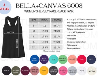 2 Size Chart Color Chart Bella Canvas 6008 Mockup Women Jersey RacerBack Size Chart for Etsy Listing tool Mock ups Sizing S-2XL New Seller