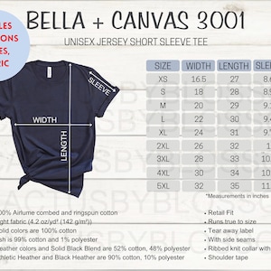 5 tableaux de tailles Bella + toile 3001 Maquette des tailles pour maillot unisexe Taille pour t-shirts T-shirt Tableau des tailles pour outil Etsy Listing maquette, tailles XS-5XL