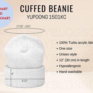 Puede incluir: Gorro blanco con vuelta y el texto "CUFFED BEANIE YUPOONG 1501KC" y medidas en pulgadas. El gorro mide 8,62 pulgadas de alto, 8,12 pulgadas de ancho y de 17,25 a 18,5 pulgadas de circunferencia.