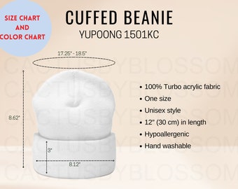 BUNDLE Size Chart Yupoong 1501KC mockup Etsy tool Cuffed Beanie Color Chart Etsy mockup 12 colors listing Cuffed Beanie new sellers Printful
