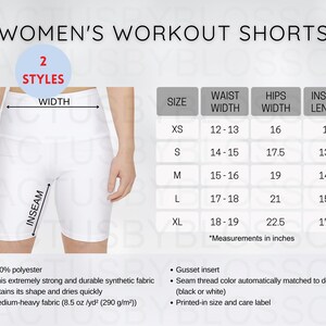 May include: White workout shorts with a high waist, displayed with a size chart. The chart lists waist, hips, and inseam measurements in inches for sizes XS to XL. The shorts are made of 100% polyester and have a gusset insert.