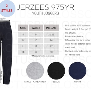 May include: Navy blue youth joggers with a waist size chart in inches. The joggers are available in athletic heather, black, and J Navy colours. Features include a triple-needle stitched waistband and contrast-colour side entry pockets.