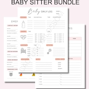 BUNDLE Baby Sitter Diario del neonato Grafico delle poppate Registro dell'elenco dei cambiamenti dei pannolini note alla pari della tata note della babysitter per Registro dell'elenco dei contatti di emergenza