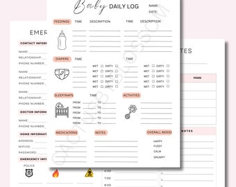 BUNDLE Baby Sitter Newborn diary Chart feedings Log diaper changes list au pair nanny notes babysitter notes for Log emergency contact list