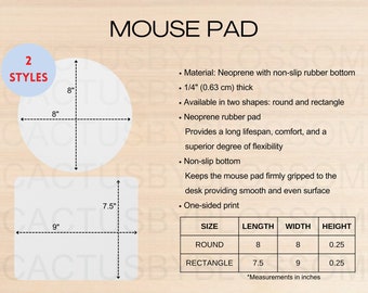 2 Size Chart Mouse Pad Round Rectangle Mockup chart AOP All Over Print Size Chart Etsy Mockup Etsy New Seller Printify POD Print on Demand
