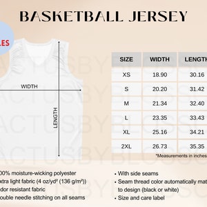 Pode incluir: Um jersey de basquete branco com decote em V e sem mangas. O jersey tem uma tabela de tamanhos com medidas em polegadas para XS, S, M, L, XL e 2XL. O jersey é feito de poliéster 100% anti-umidade, tecido extra leve e é resistente ao odor.