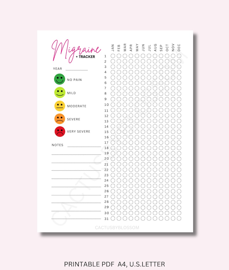 May include: Printable migraine tracker with a calendar grid for each month of the year. The tracker includes a section for notes and a severity scale with five emojis representing no pain, mild, moderate, severe, and very severe.